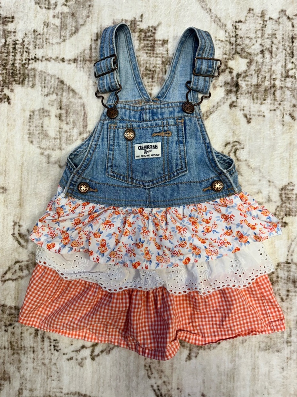 OshKosh B'gosh Girls' Denim and Orange Floral Ruffle Vestbak Overalls